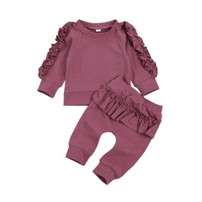 Simple Solid Color Long-sleeved Trousers Children's Suit With Leaf Edge