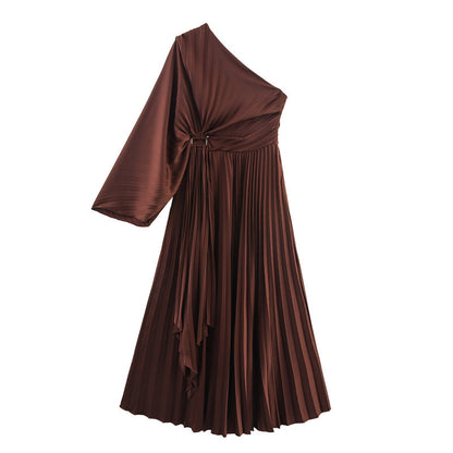 Spring New All-matching Slim Fit Slimming Casual Shoulder Pleated Dress