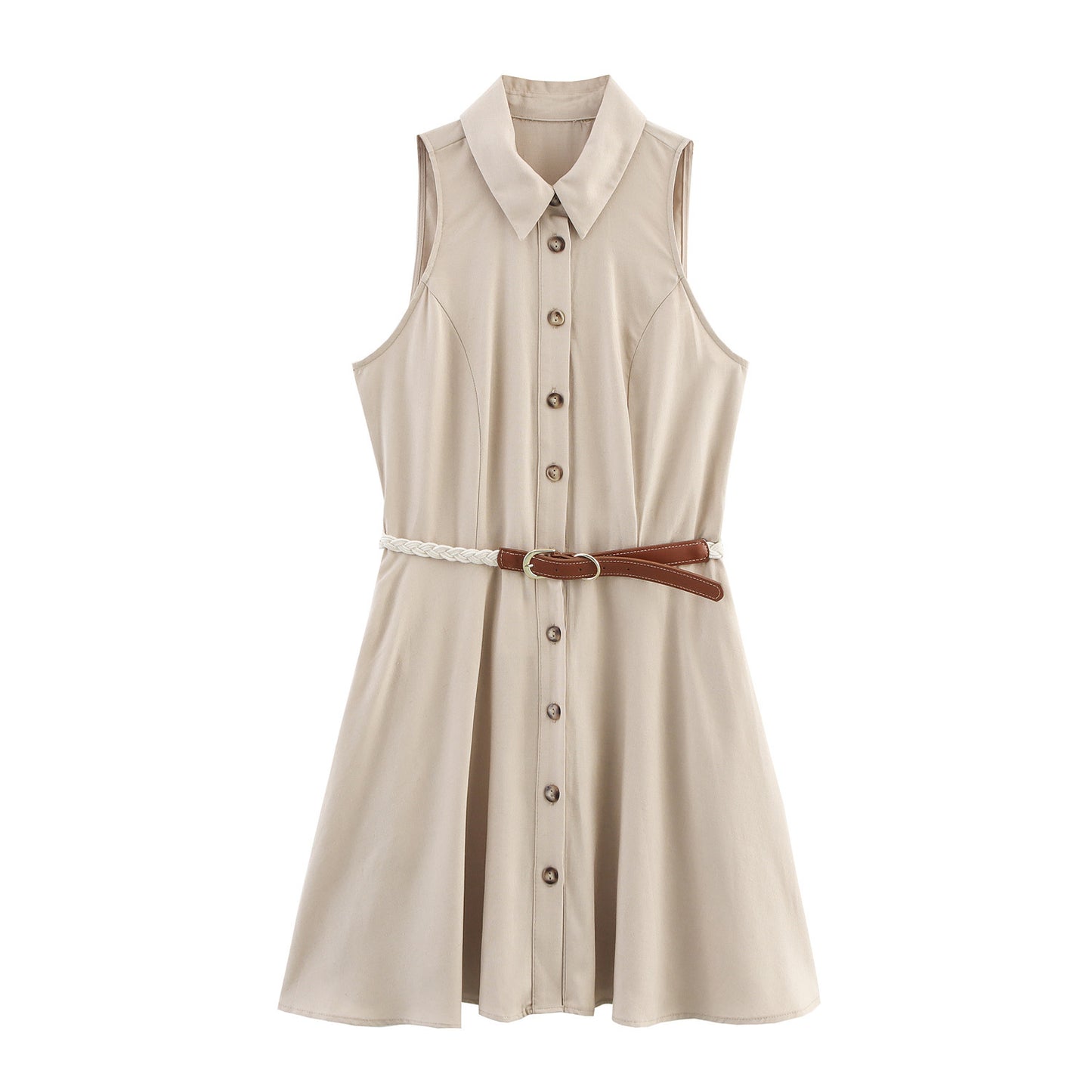Women's Lapel Single Breasted Sleeveless Dress With Belt