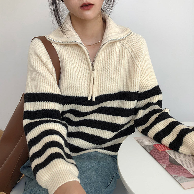 Women's Zipper Striped Sweater Japanese Soft Glutinous Idle Style