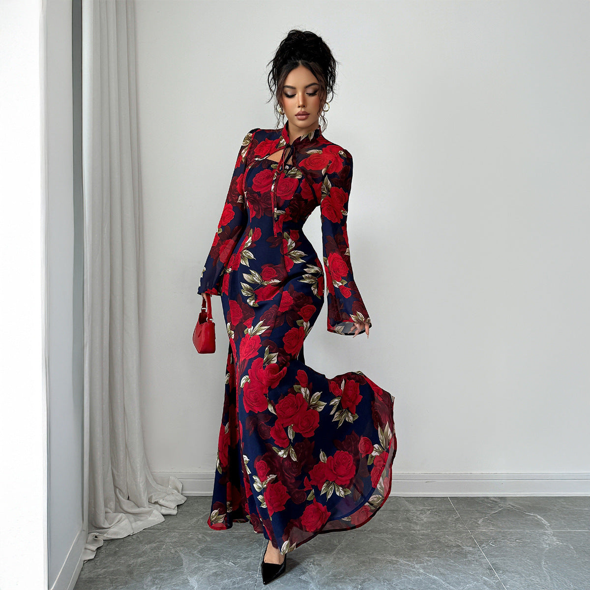 Elegant Style Printed Long-sleeved Dress For Women