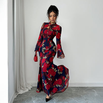 Elegant Style Printed Long-sleeved Dress For Women