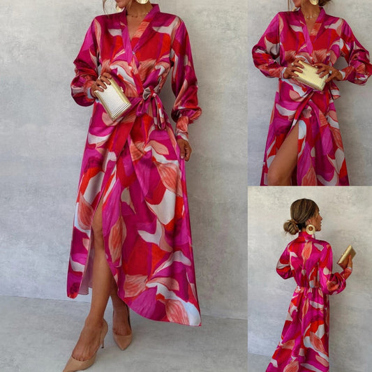 Autumn New Long Sleeve Dress V-neck Lace-up Split