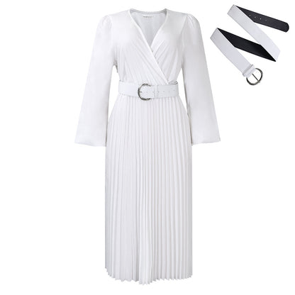 Long Sleeve V-neck Pleated Midi Dress