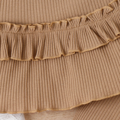 Children's Clothing Springsummer Young And Little Girls Sling Lace-collared Blouse Horn Sunken Stripe Trousers Two-piece Suit