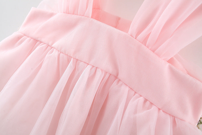 Girl's Mesh Strap Dress Waist Flower Princess Beautiful Dress