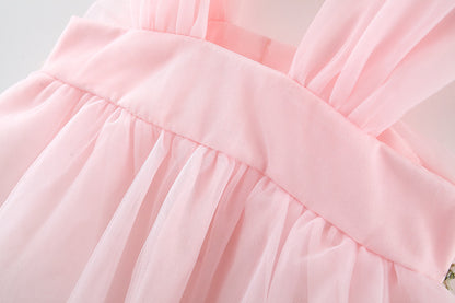Girl's Mesh Strap Dress Waist Flower Princess Beautiful Dress