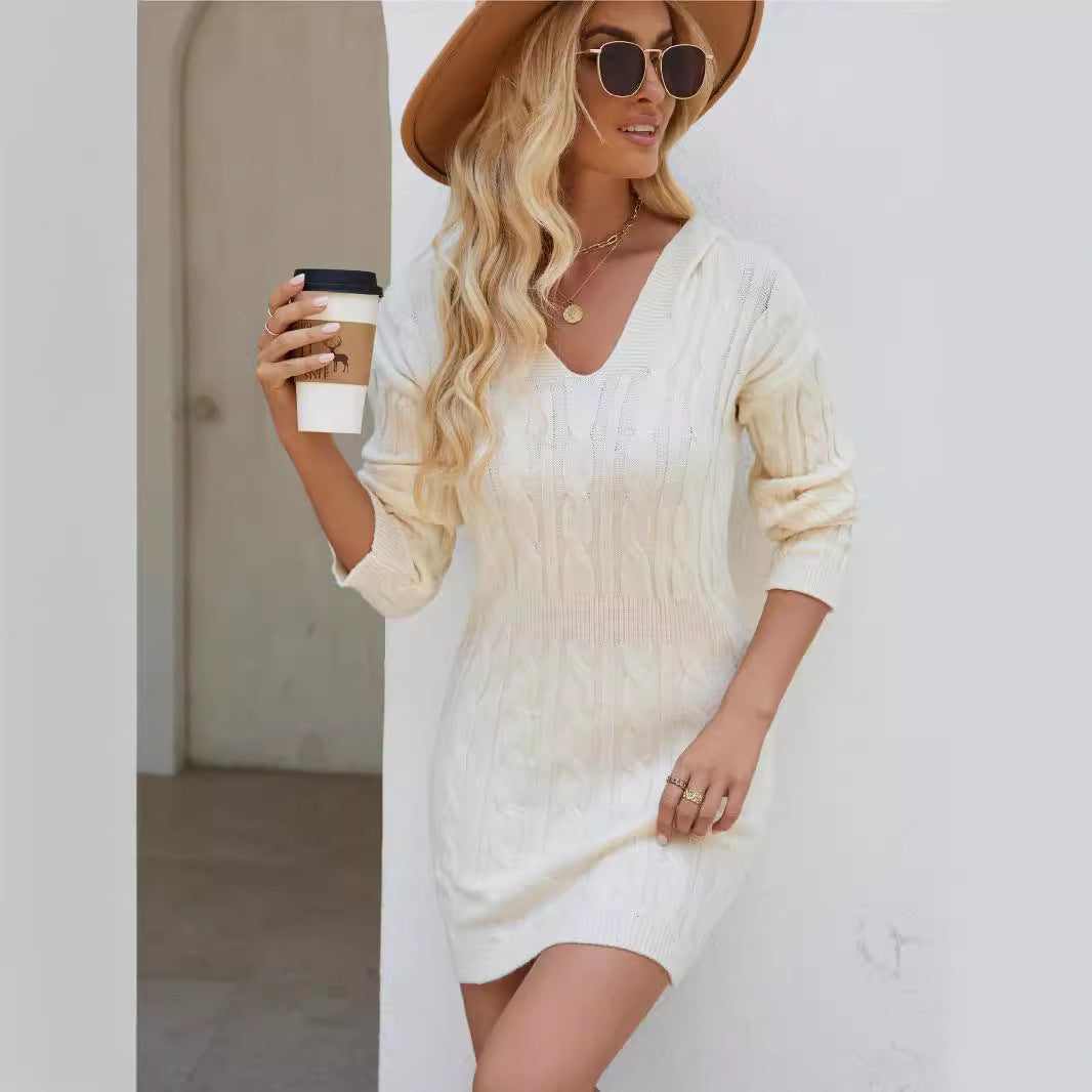 V-neck Twist Mid-length Long Sleeve Knitted Hooded Sheath Dress