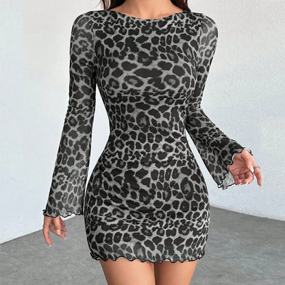 New Women's Round Neck Bodycon Dress With Leopard Print