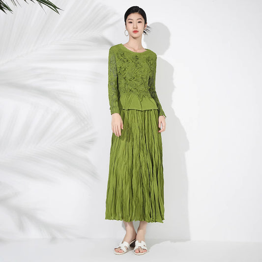 Solid Color Embroidered Long-sleeved Top Handmade Pleated Two-piece Overskirt Suit