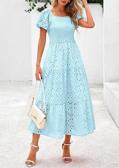 Square Collar Puff Sleeve Pleating Mesh Short Sleeve Dress
