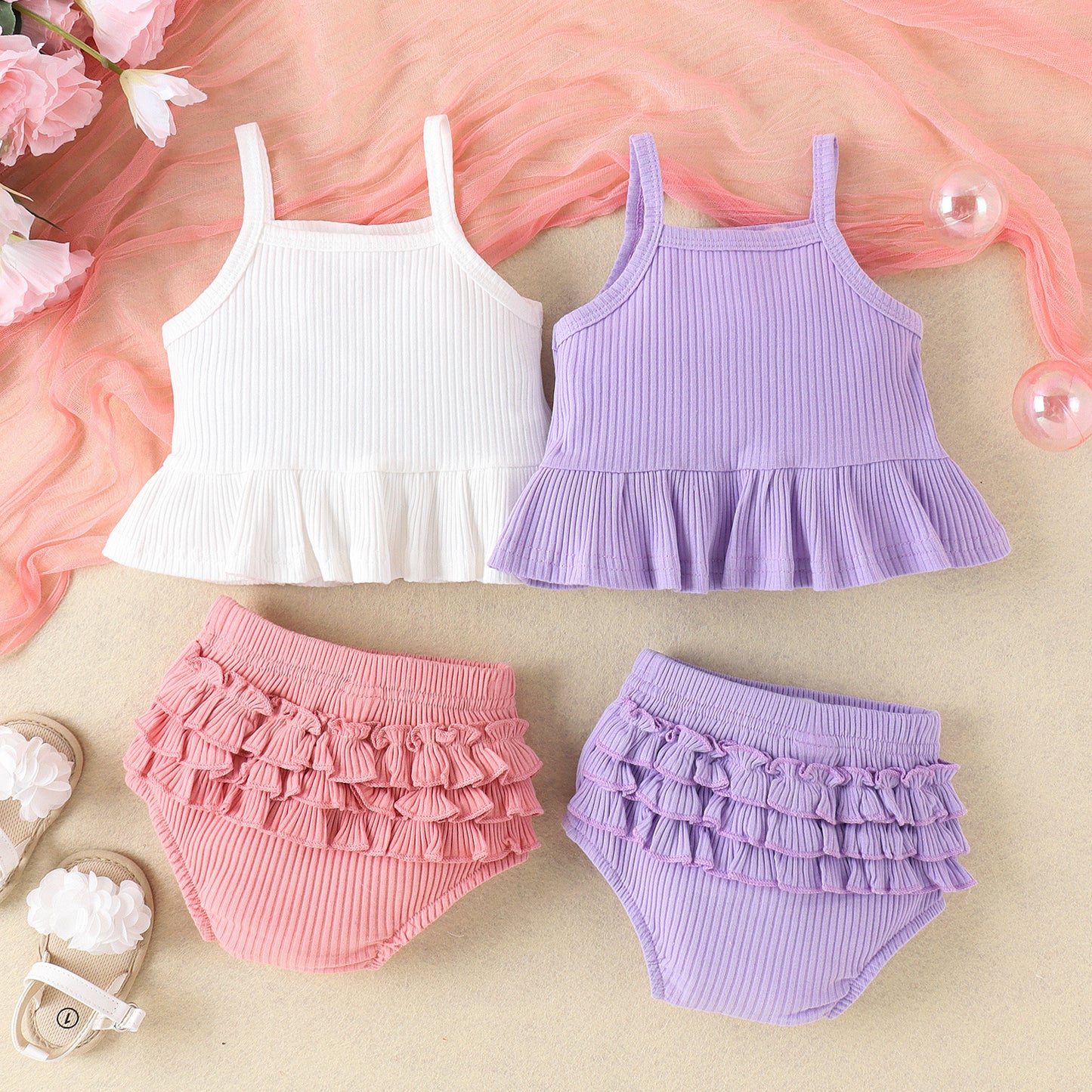 Girls' Fashion Solid Color Suspender Top Triangle Bottom-covering Shorts Two-piece Set
