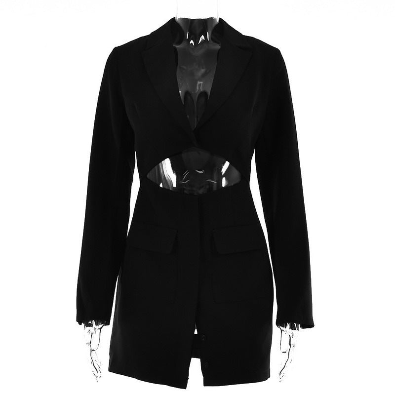 Blazer Dress Women Notched Collar Hollow Out Buttons Jacket