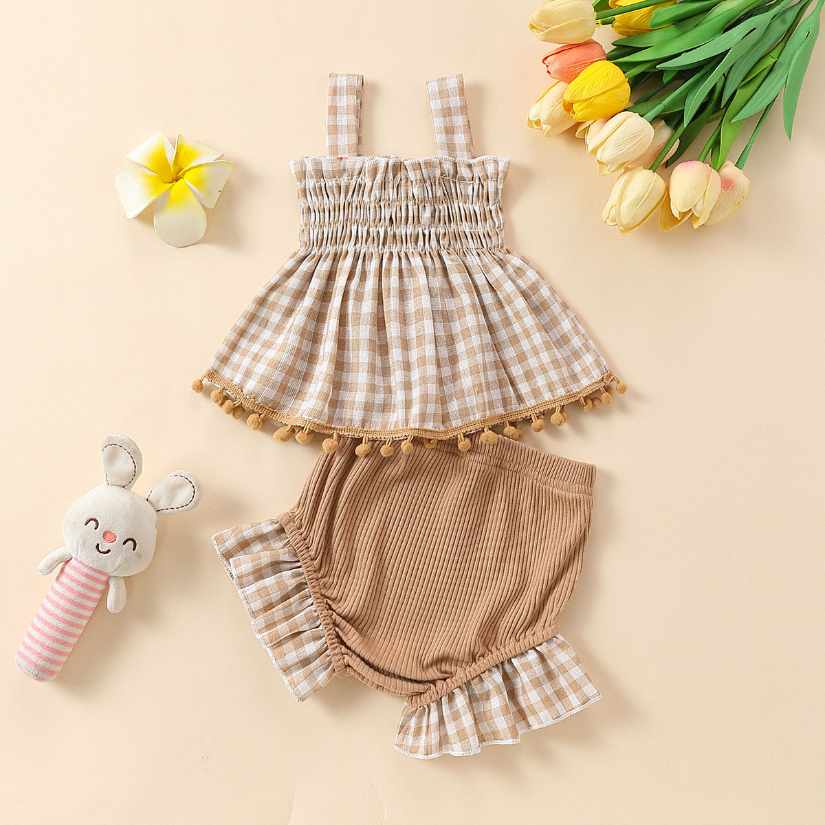 Baby Girl Cute Plaid Sling Half-length Lace Skirt Shorts Two-piece Suit