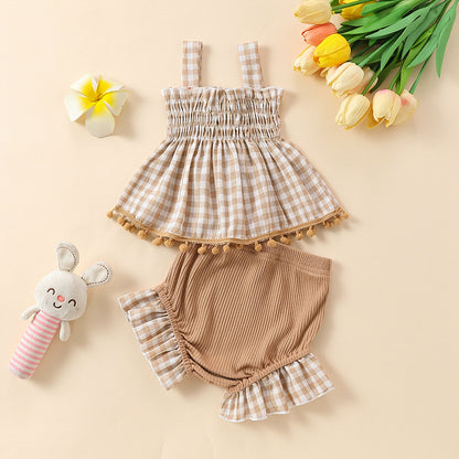 Baby Girl Cute Plaid Sling Half-length Lace Skirt Shorts Two-piece Suit
