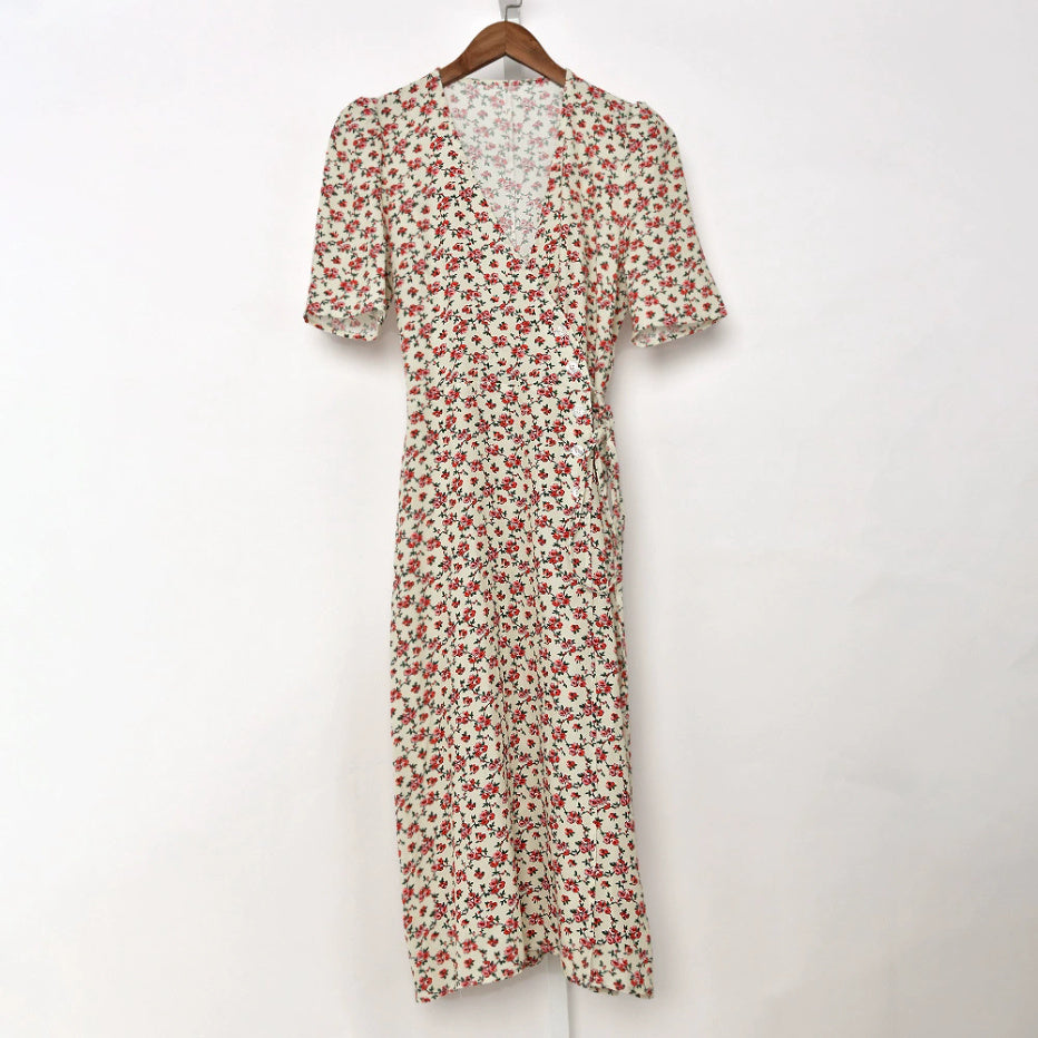 Summer New Women's V-Neck Breasted Lace-Up Waist Slimming Mid-Length Dress