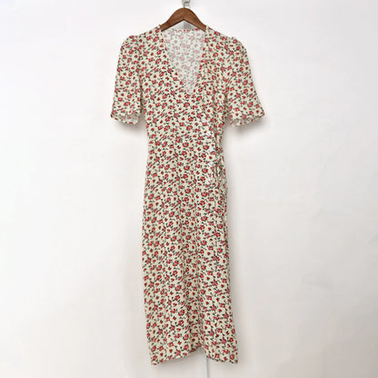 Summer New Women's V-Neck Breasted Lace-Up Waist Slimming Mid-Length Dress