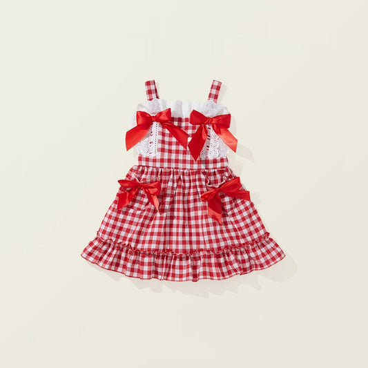 Girls' Red Plaid Bow Suspenders Princess Dress