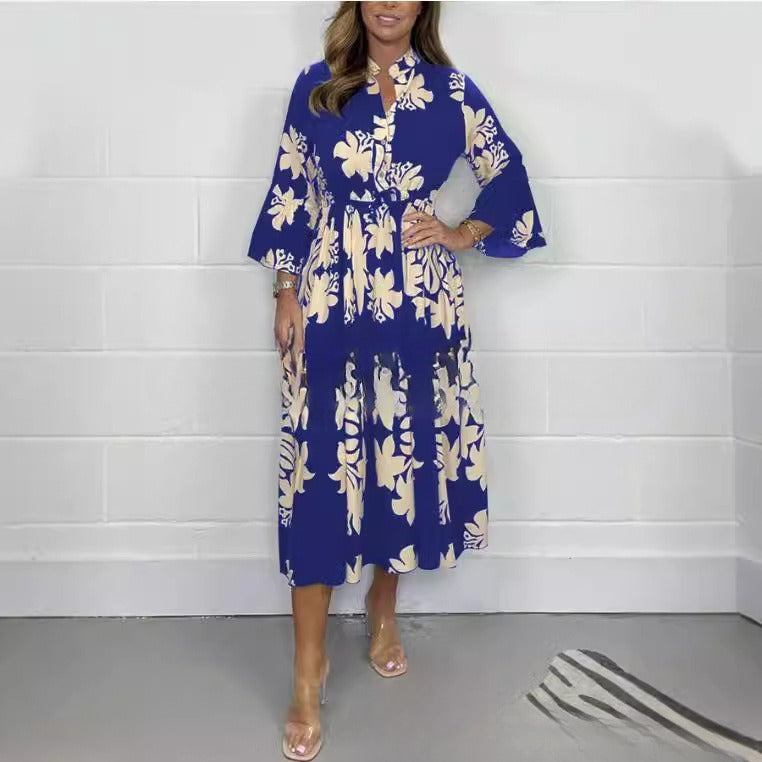 Elegant Printed Stand-up Collar Cinched Long Sleeve Dress