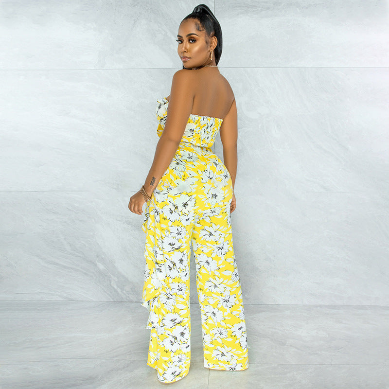 Women's Wide Leg Pants Suit With Printed Ruffled Bow