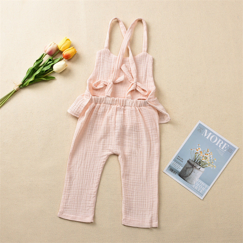 Girls Fashion Solid Color Cotton Lace-up Jumpsuit