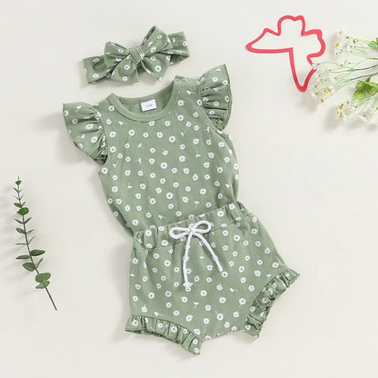 Boys And Girls Fashion Floral Flying Sleeves Romper Suit