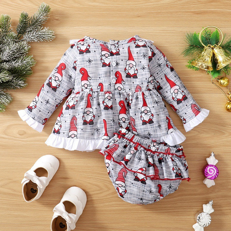 Two-piece Christmas Element Print Long-sleeved Top And Shorts