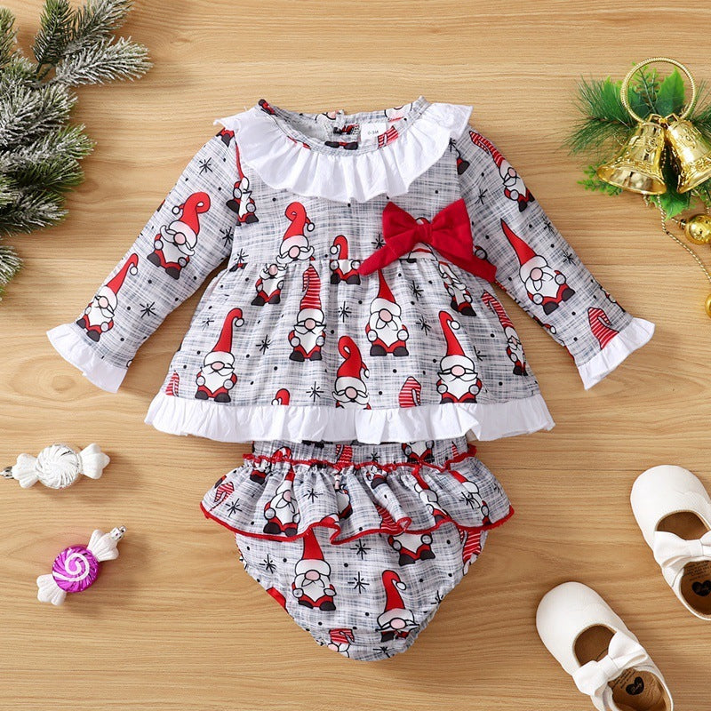 Two-piece Christmas Element Print Long-sleeved Top And Shorts