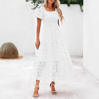 Square Collar Puff Sleeve Pleating Mesh Short Sleeve Dress