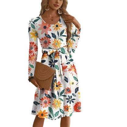 Round Neck Long Sleeve Midi Waist Trimming Printing Dress