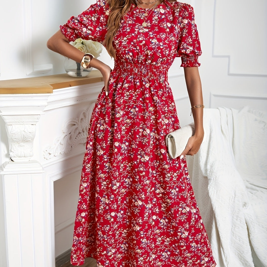 Women's Fashion Print Waist-Cinching Bubble Sleeve Dress