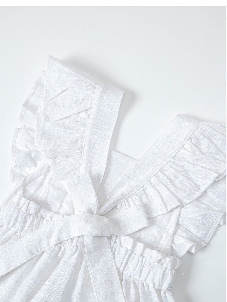 Girls' Cotton And Linen Bowknot Wooden Ear Embroidery Dress