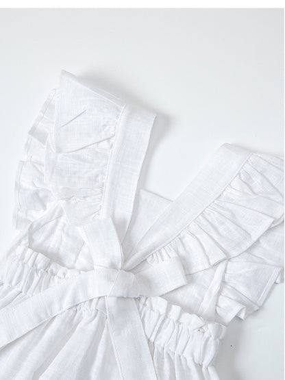 Girls' Cotton And Linen Bowknot Wooden Ear Embroidery Dress