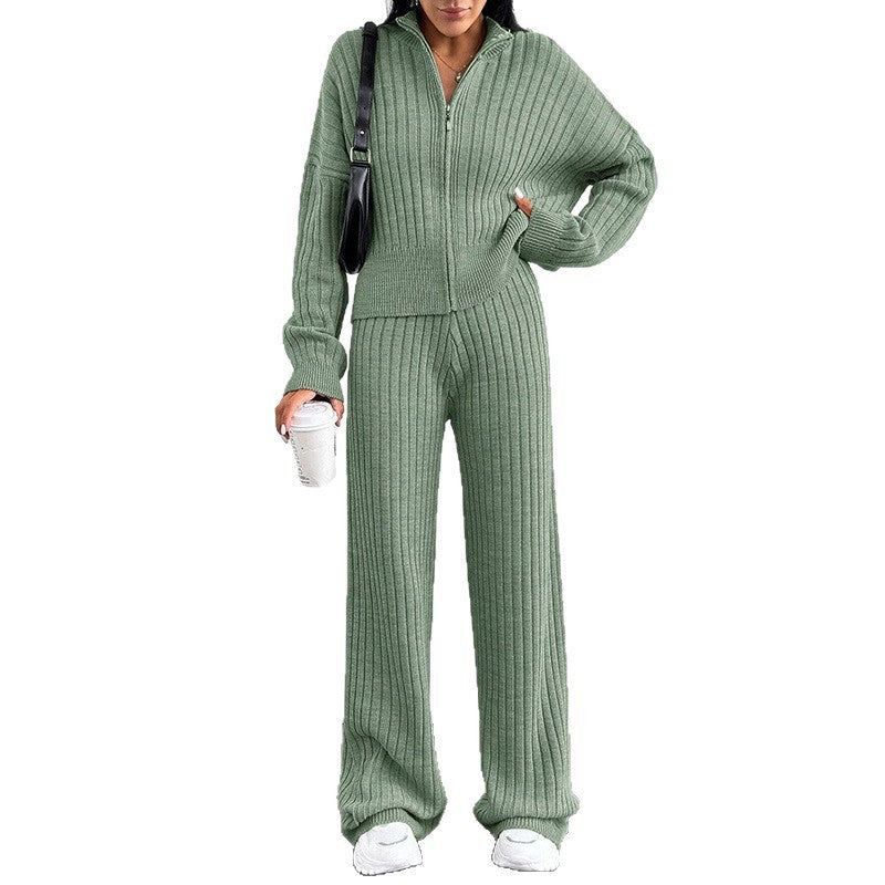 Autumn And Winter New European And American Women's Casual Loose Zip Top And Trousers Two-piece Set