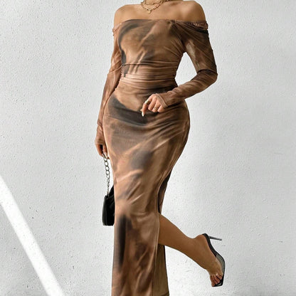 Printed Pleated Sexy Tight Split Square Collar Dress