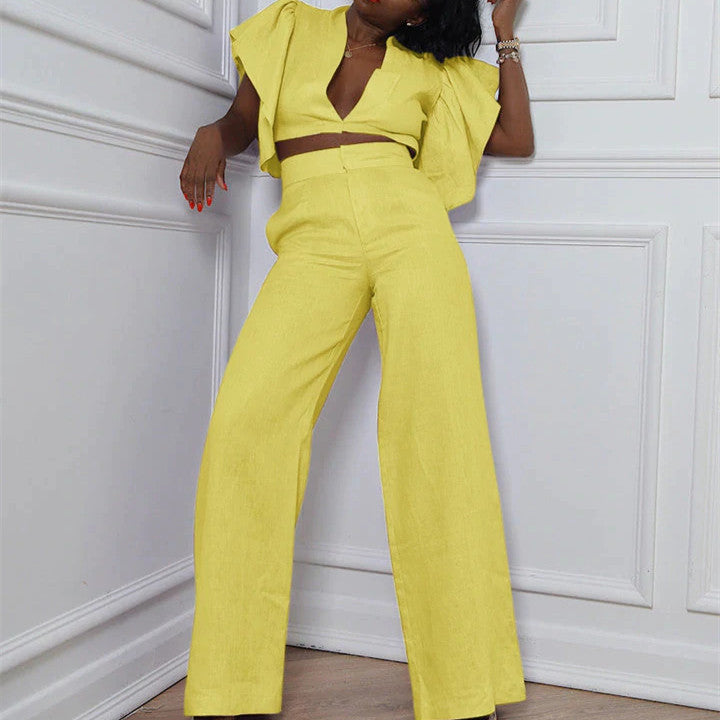 Women's Temperament Casual V-neck Linen Sleeve Pants Set