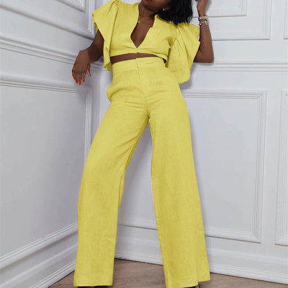 Women's Temperament Casual V-neck Linen Sleeve Pants Set