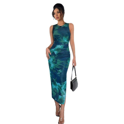 New Women's Sleeveless Printed Mesh Tight Dress