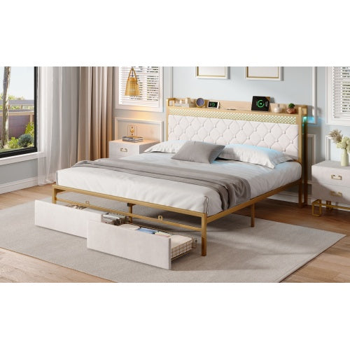 4ft6 Double Bed Frame With 2 Storage Drawers, RGB LED Storage Headboard With Charging Station, Velvet Bed Frame, With Chrome Decoration, No Box Spring Needed, Easy Assembly, Beige