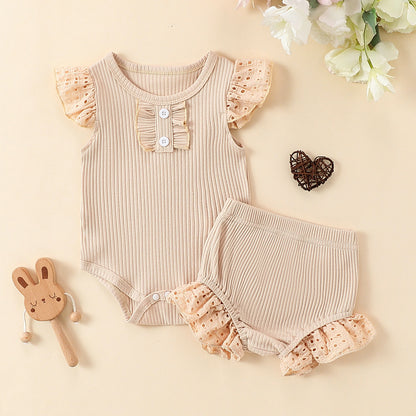 Girls' Flounced Sleeve Buttons Sunken Stripe Cotton Shorts Suit