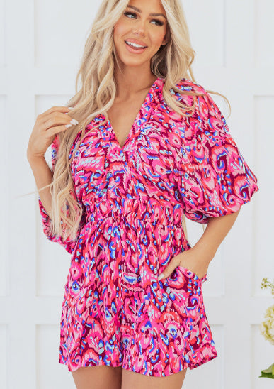 Abstract Print Puff Sleeve V Neck High Waist Romper