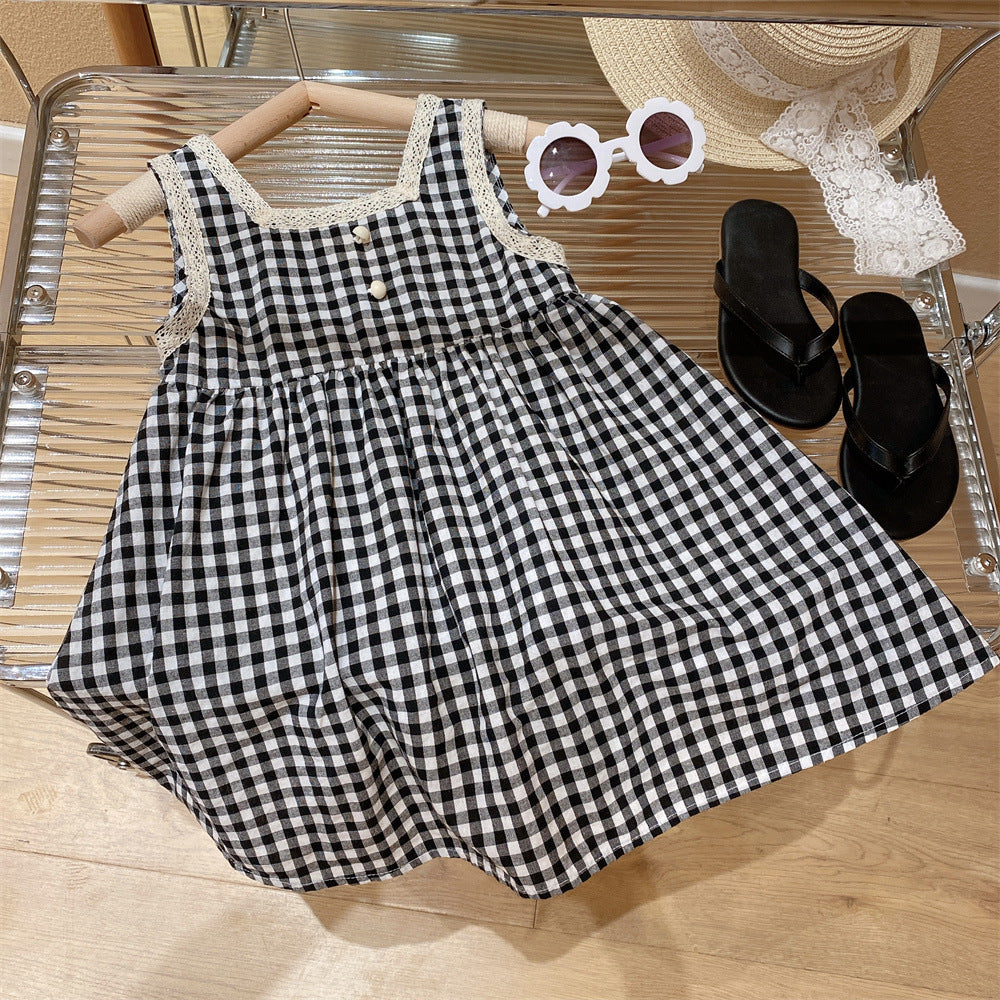Sweet Black And White Plaid Princess Vest Skirt