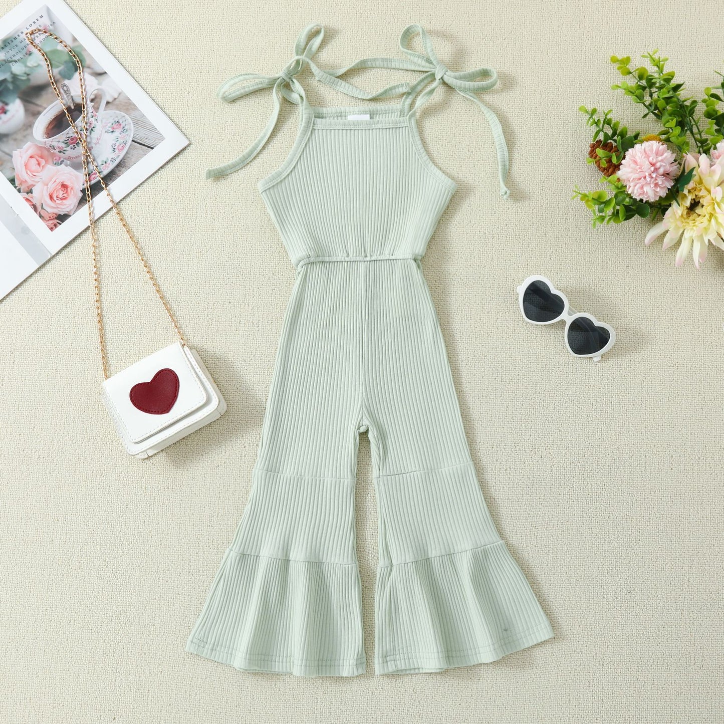 Solid Color Bell-bottom Pants Jumpsuit With Suspenders