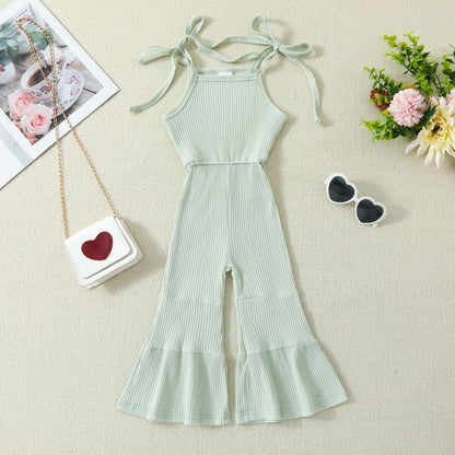 Solid Color Bell-bottom Pants Jumpsuit With Suspenders