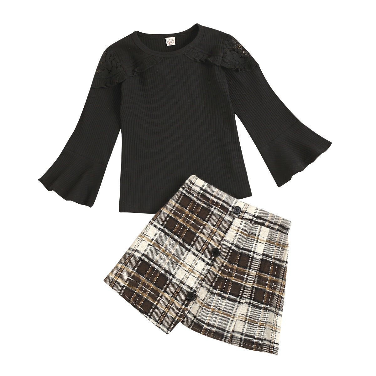 Flared Sleeve Knitted Pit Top Irregular Plaid Skirt Two Piece Set