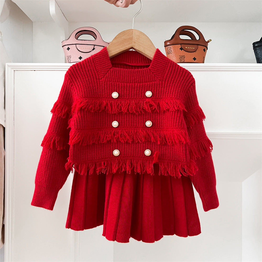 Tassel Knitted Long Sleeve Pullover Two-piece Set