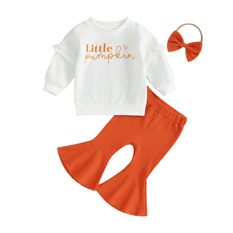 Children Ruffles Sleeve Sweater Sunken Stripe Cotton Bell-bottom Pants Suit