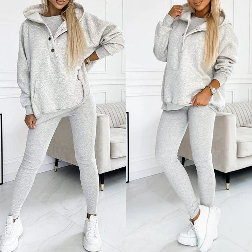 Casual Hooded Sweater Thickened Thread Fitted Vest Pants Three-piece Set