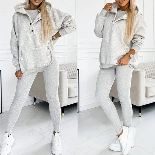 Casual Hooded Sweater Thickened Thread Fitted Vest Pants Three-piece Set