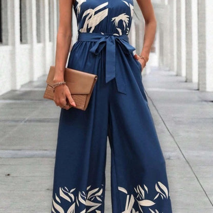 Printing Series Belt Halter Backless Wide Leg Jumpsuit